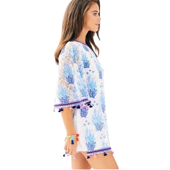 Lilly Pulitzer Unicorn Jackelin Romper Coral Reef Tassel Trim Blue Pink Size 00 - Picture 4 of 7